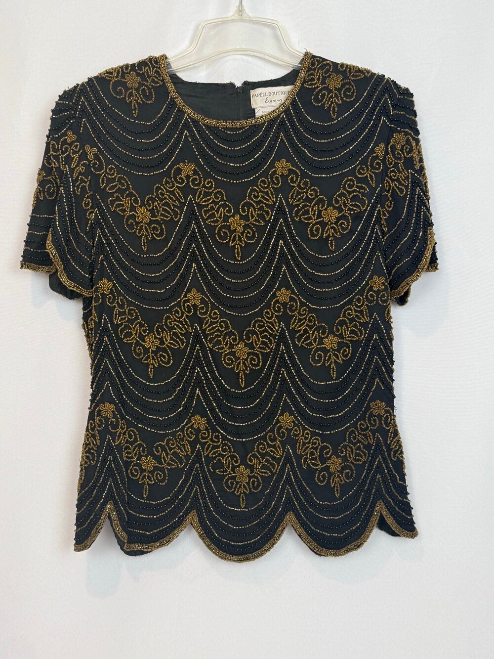 Vintage Papell Boutique Evening Black Gold Beaded Silk Top Art Deco L